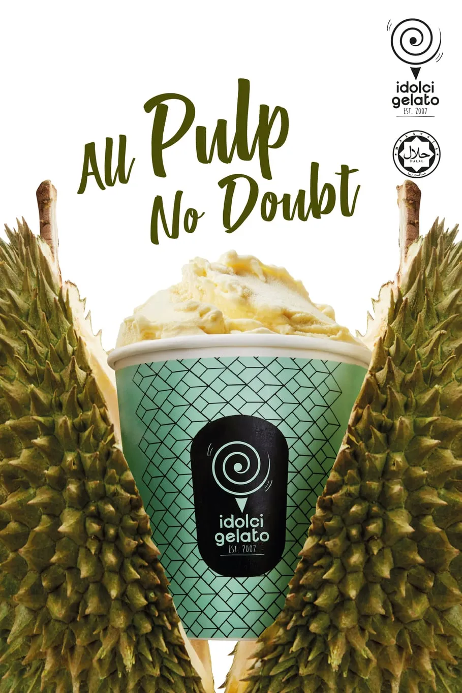 Durian gelato in an Idolci Gelato cup between two halves of a durian